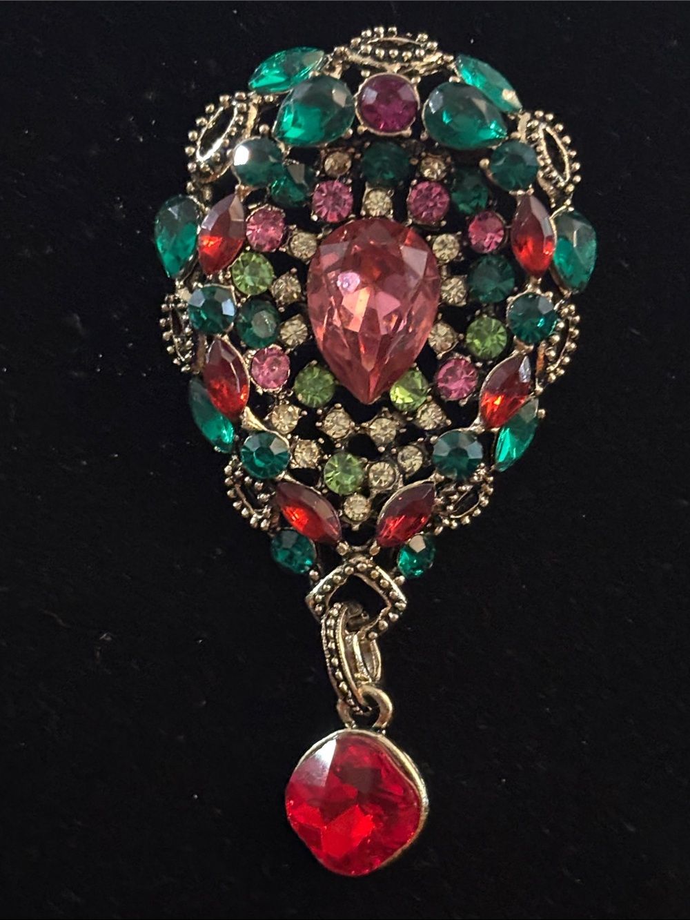 Multicolor Teardrop Crystal Pendant Brooch - Pink, Green & Red